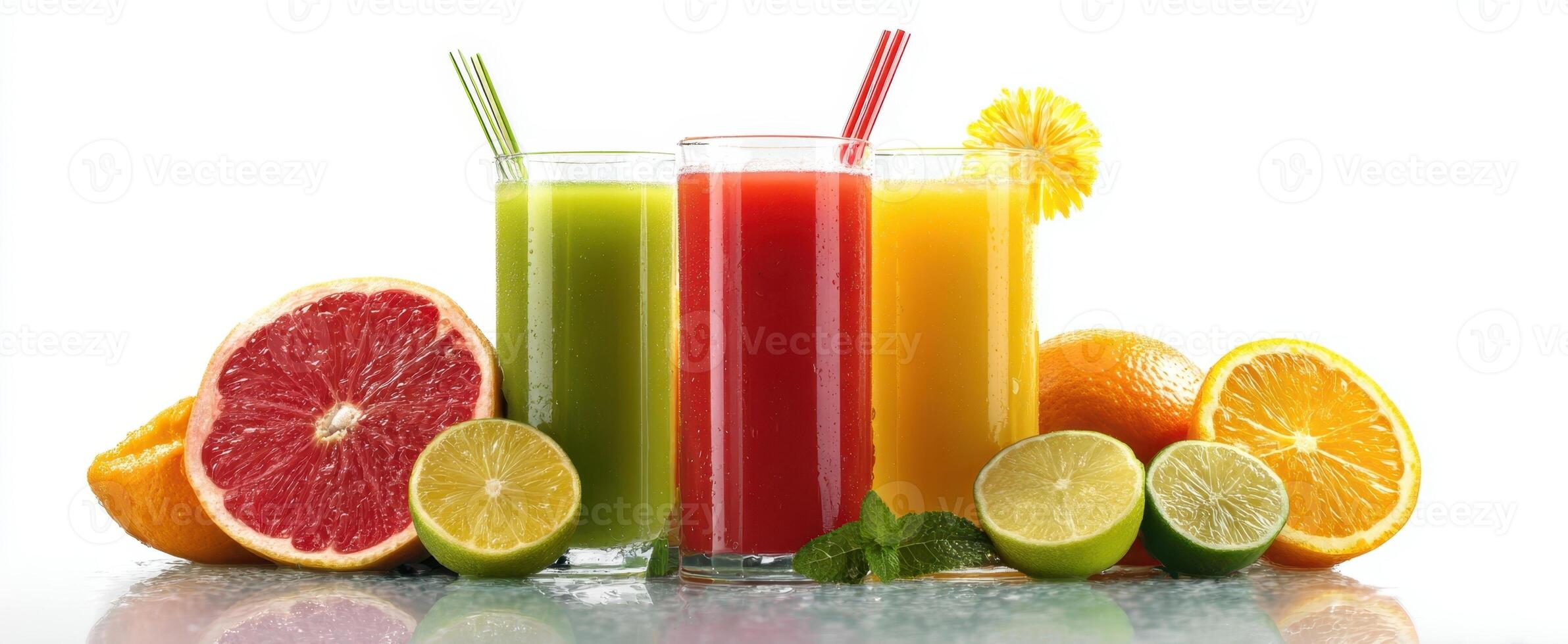 The colorful display of refreshing citrus juices and fruits on a table. photo