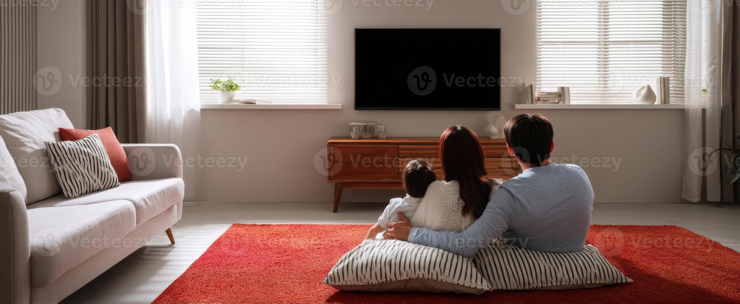 The family enjoys a cozy evening together in their modern living room. photo