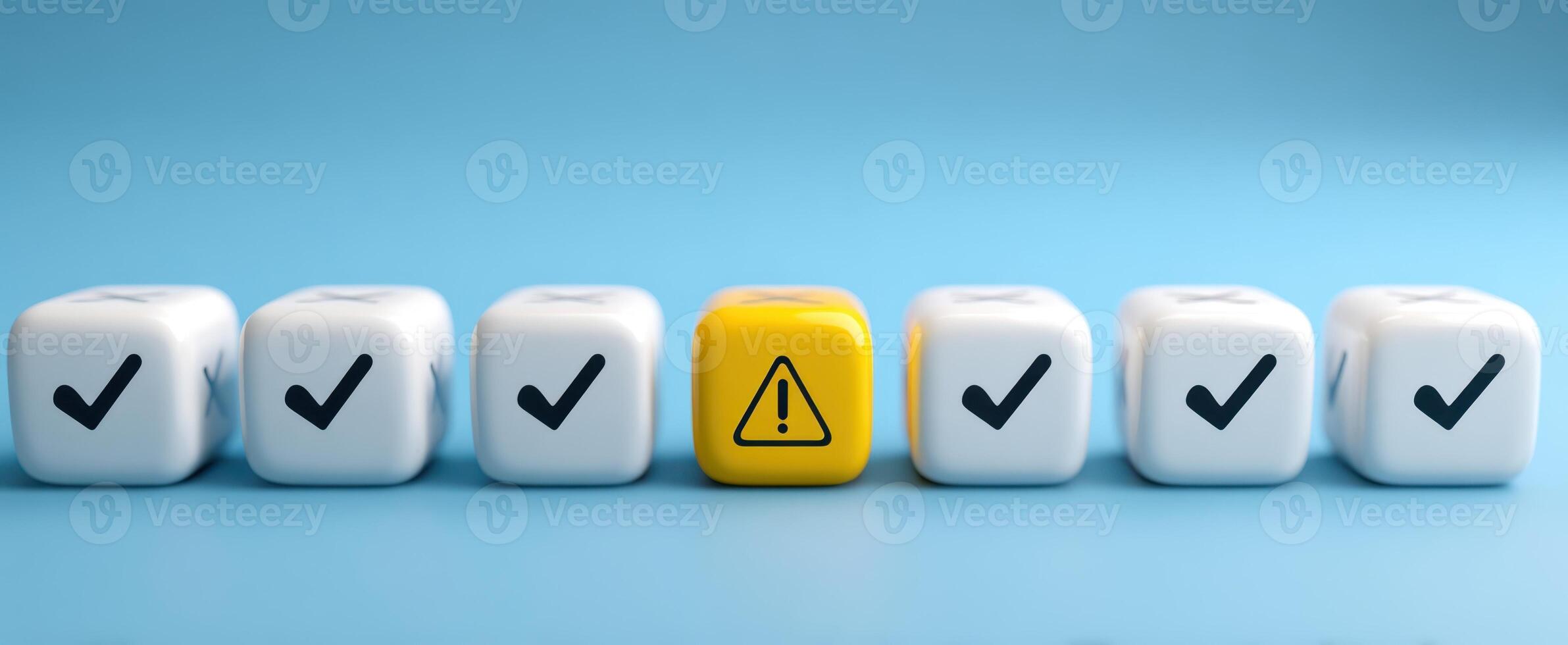 The warning cube stands out among checkmark symbols in a minimalistic design. photo