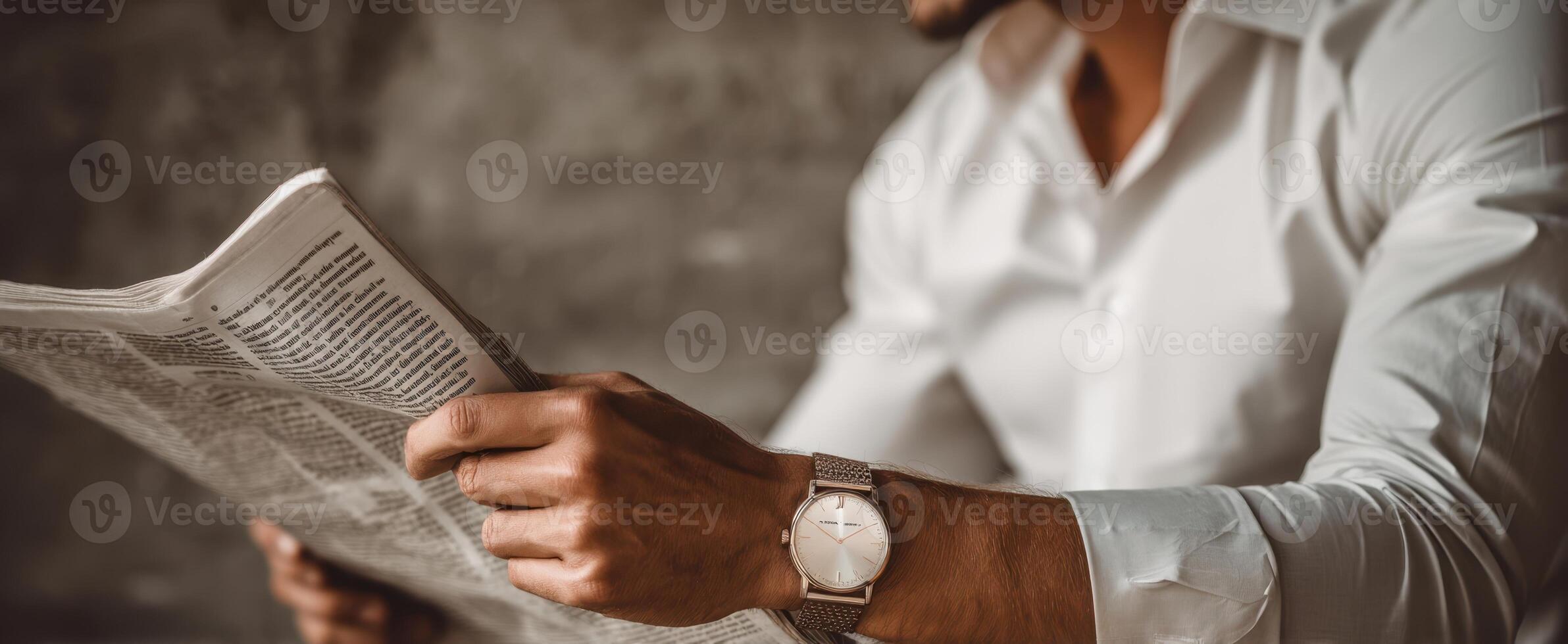 The man reading a newspaper while wearing a stylish wristwatch. photo