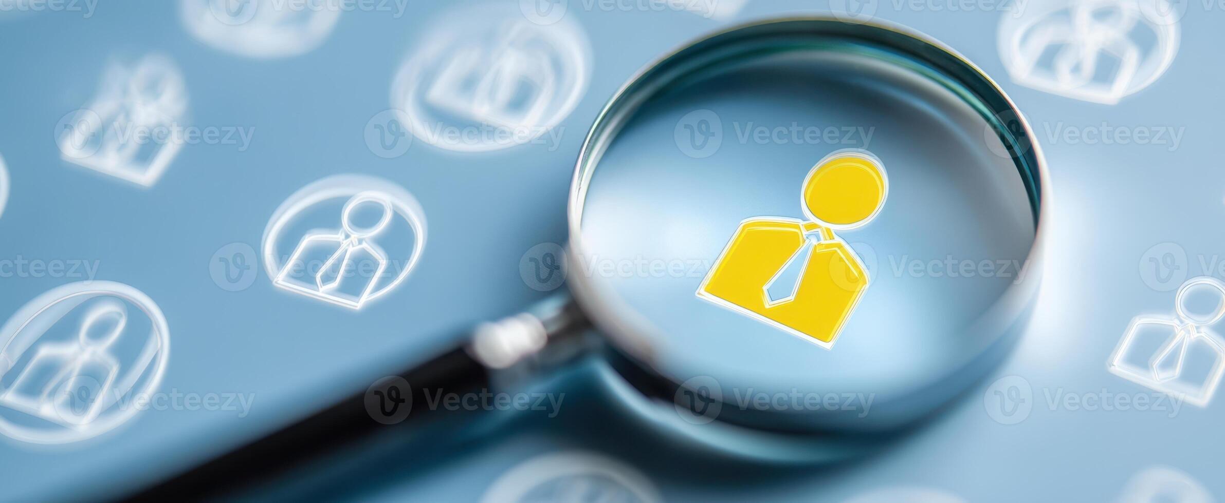 The Magnifying Glass Focusing on a Business Person Icon in a Blue Background photo
