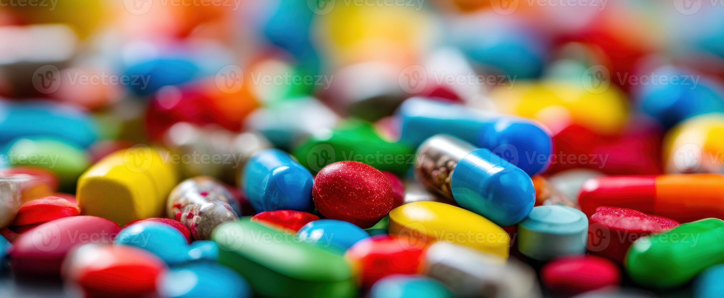 The colorful assortment of pills and capsules on a vibrant background. photo