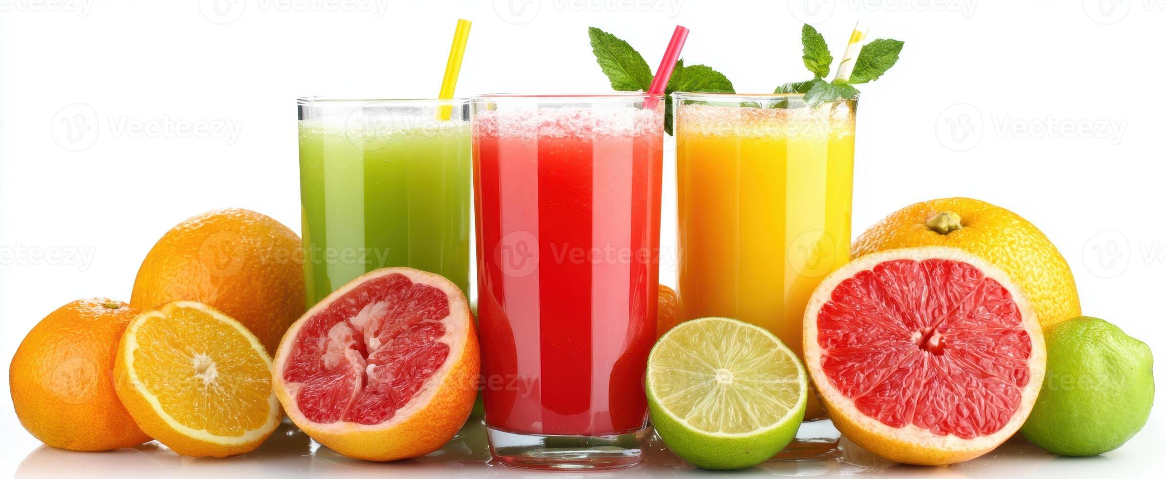 The refreshing array of colorful fruit juices with vibrant citrus fruits surrounding them. photo