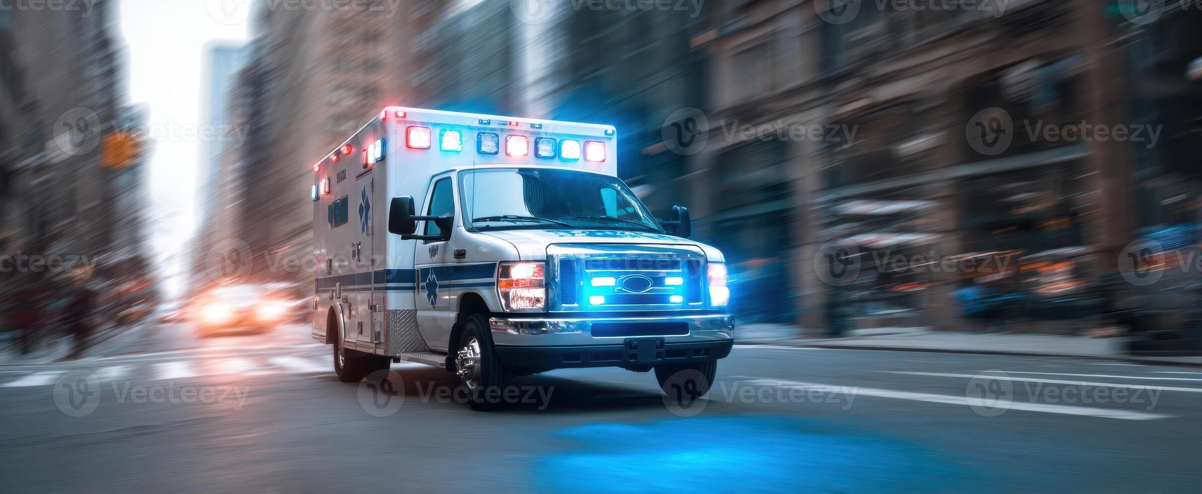 The ambulance rapidly responds to an emergency in a bustling city street. photo
