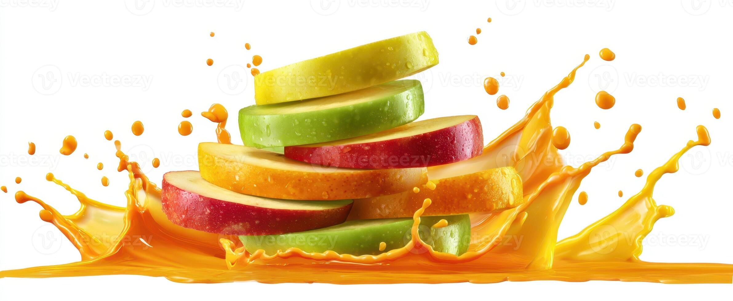 The vibrant apple slices creating a splash of refreshing juice. photo