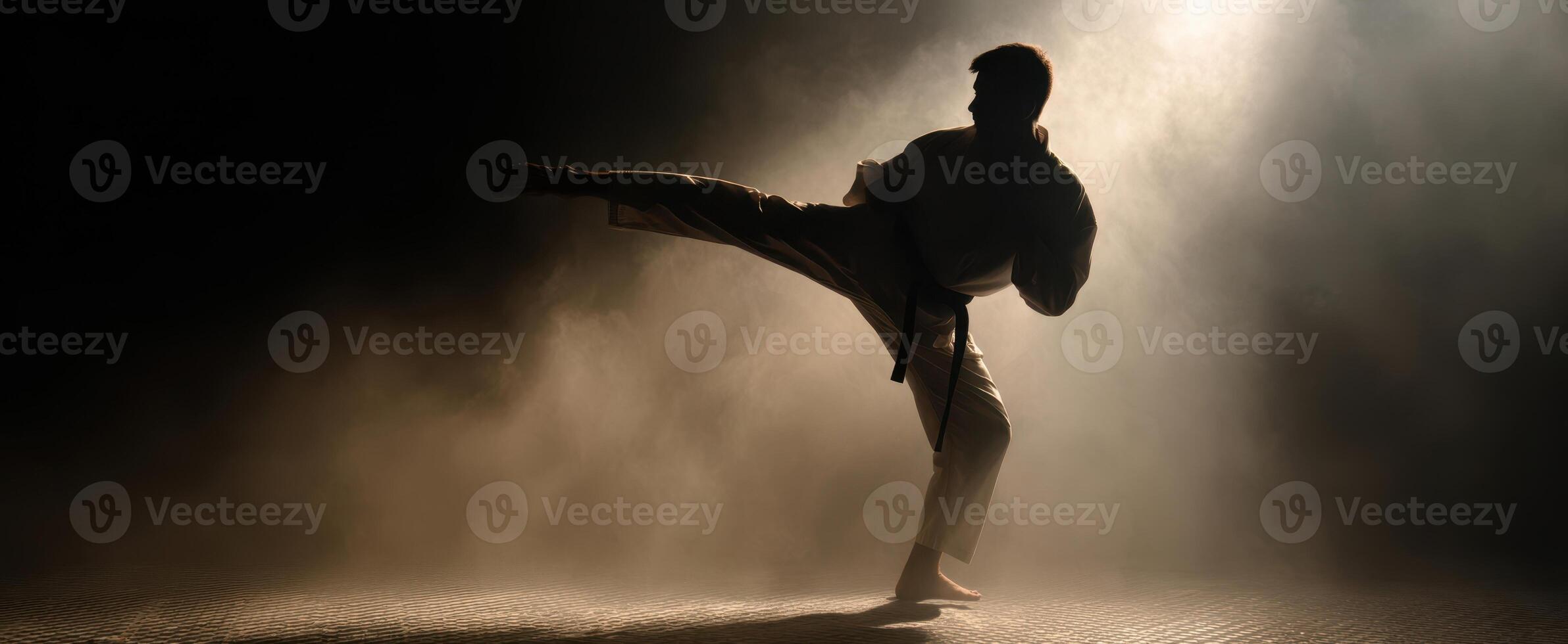 The karate practitioner executing a dynamic high kick in a dramatic setting. photo