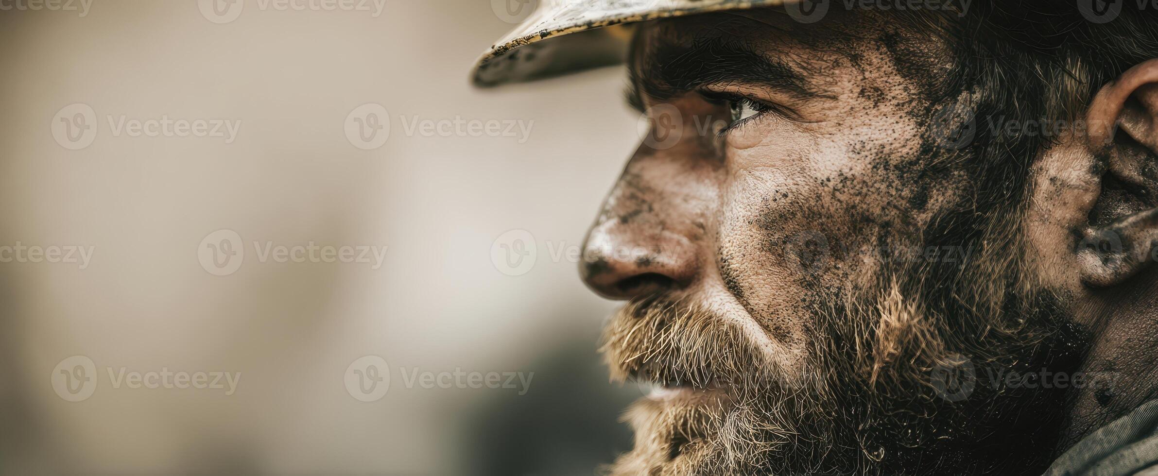The rugged man with a determined expression in dusty work attire. photo