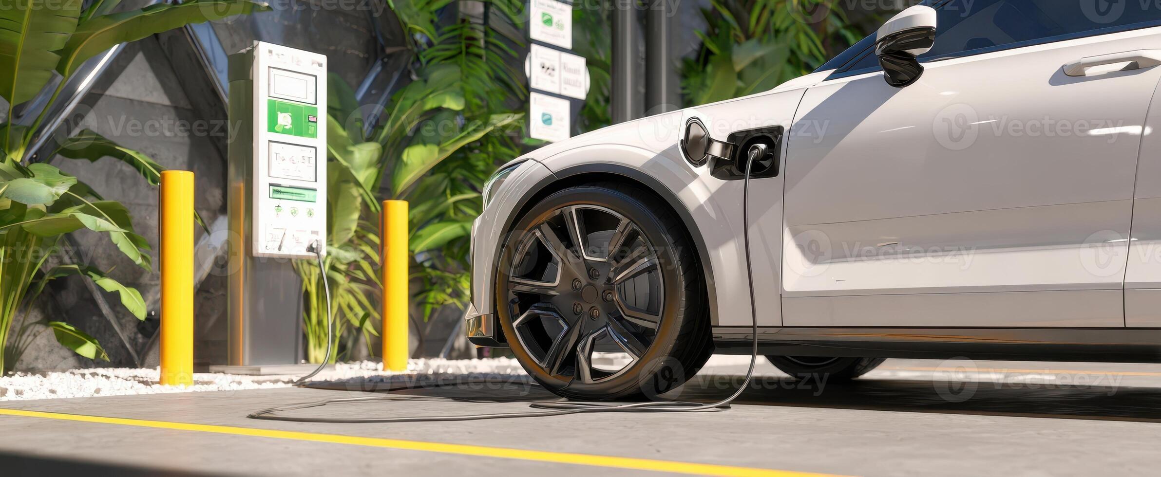 The electric vehicle charging at a modern eco-friendly station surrounded by greenery. photo