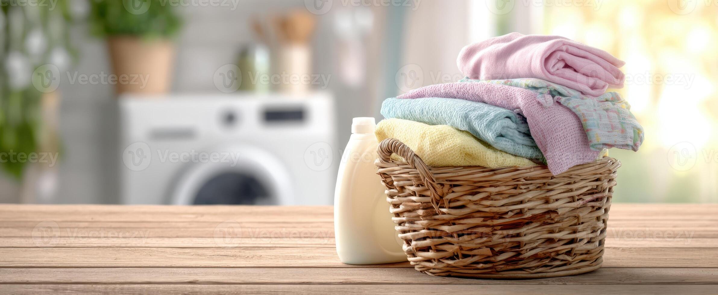 The laundry basket filled with neatly folded colorful towels and detergent photo