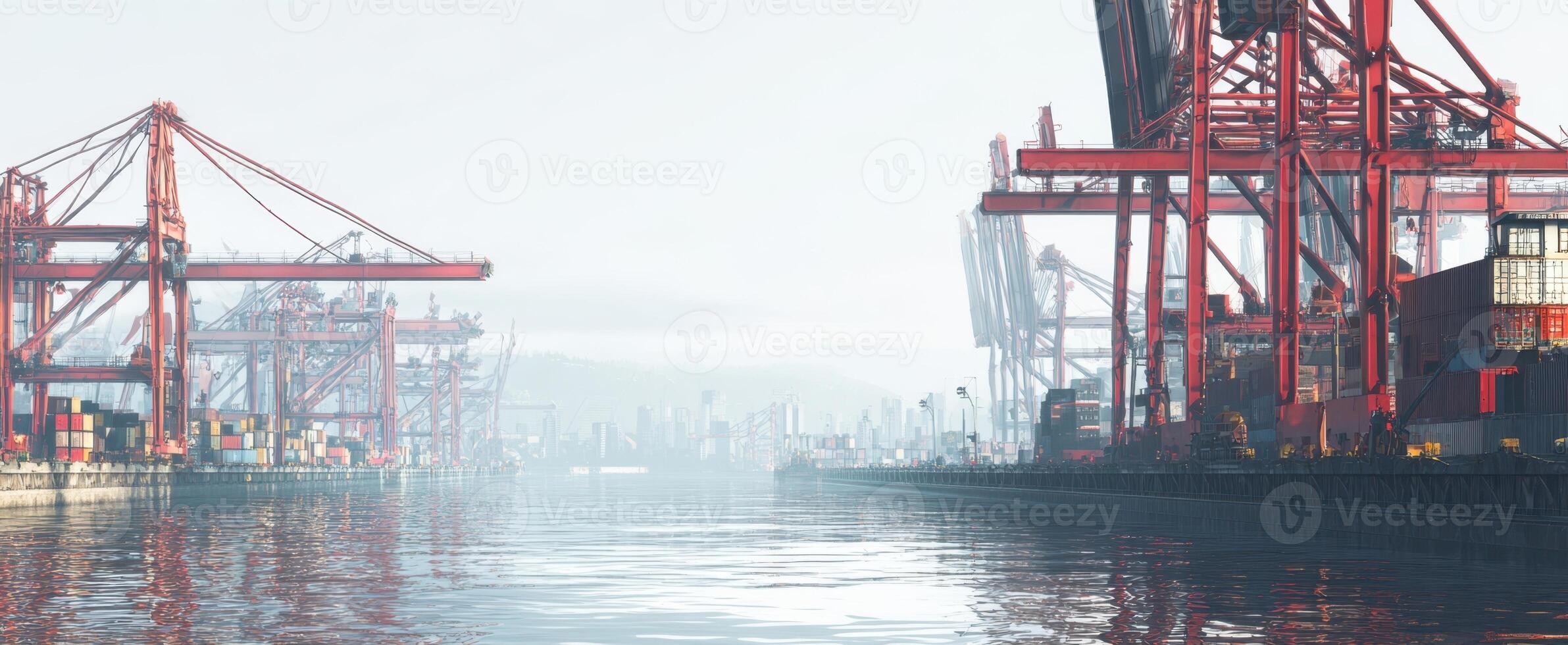The bustling port scene with towering cranes and reflective water surface. photo