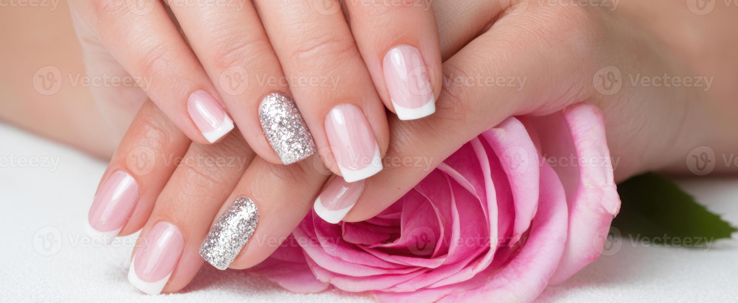 The elegant hands adorned with glittery nails and a beautiful rose. photo