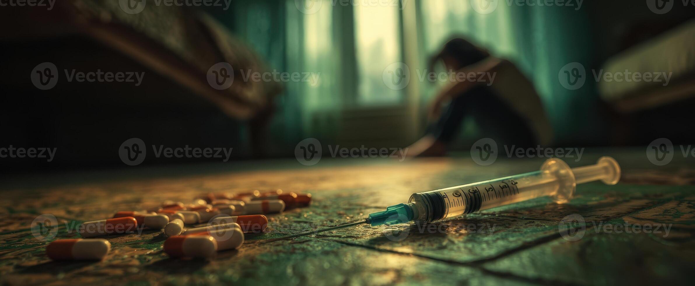 The syringe and pills depicting the struggle of addiction and despair. photo
