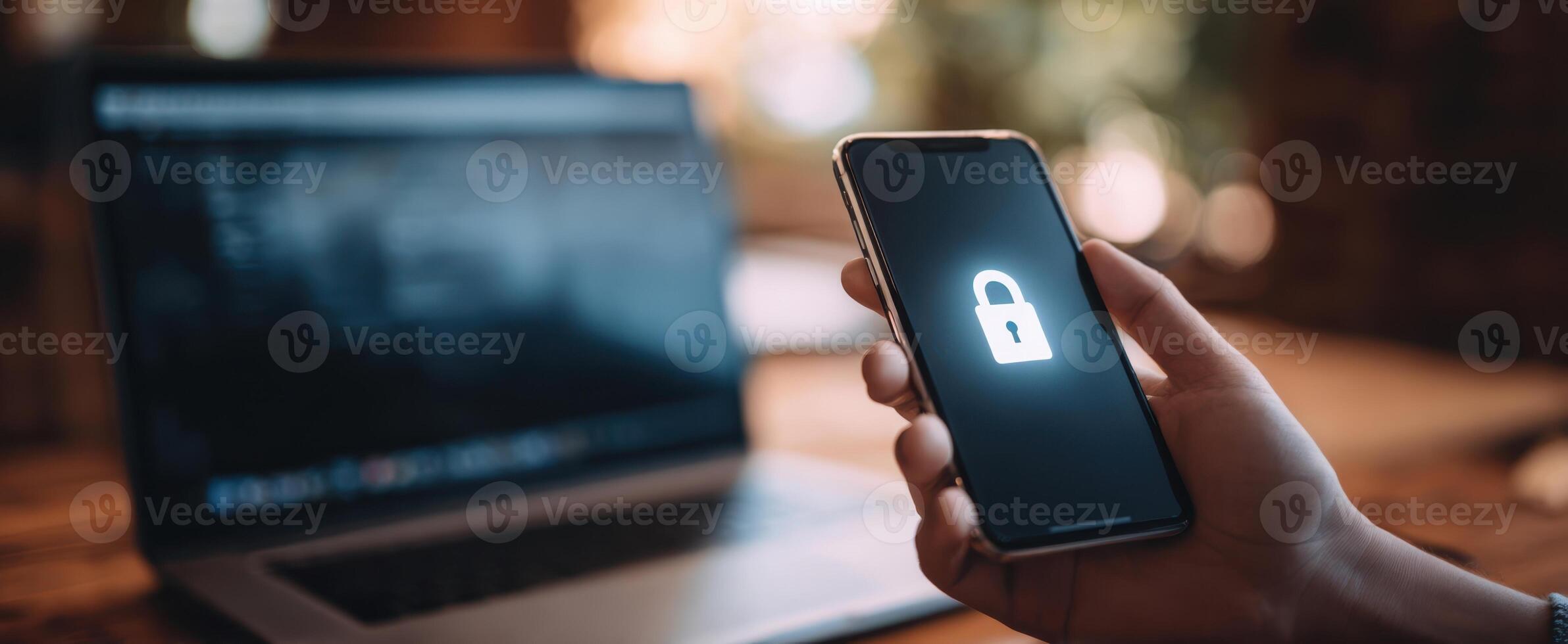 The smartphone displaying a lock icon symbolizes digital security and privacy. photo