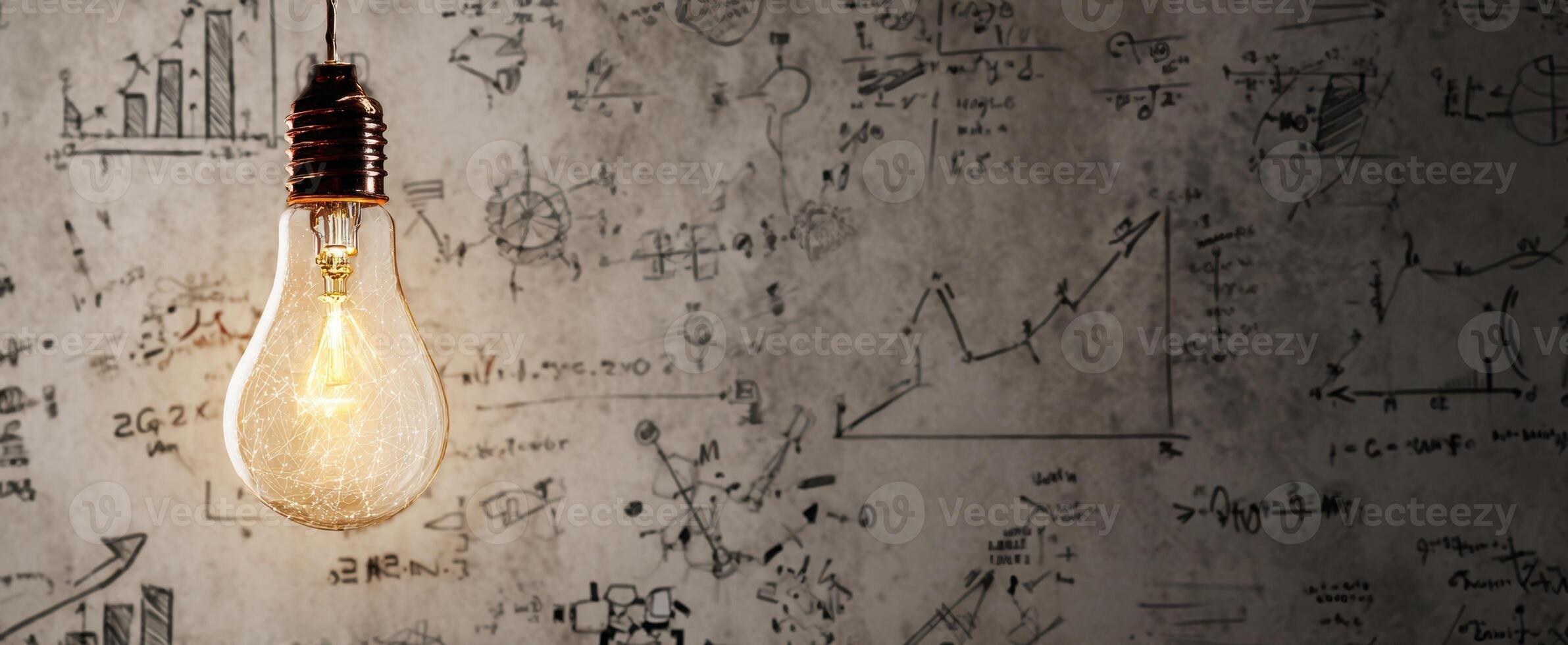 The glowing light bulb against a chalkboard filled with scientific equations and diagrams. photo