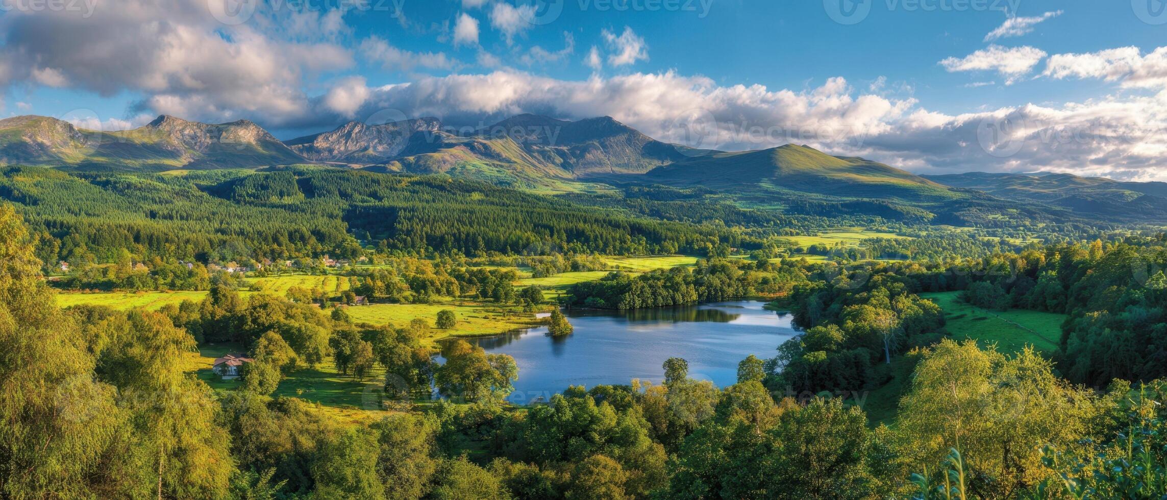 The breathtaking view of a lush valley surrounded by majestic mountains and a shimmering lake. photo