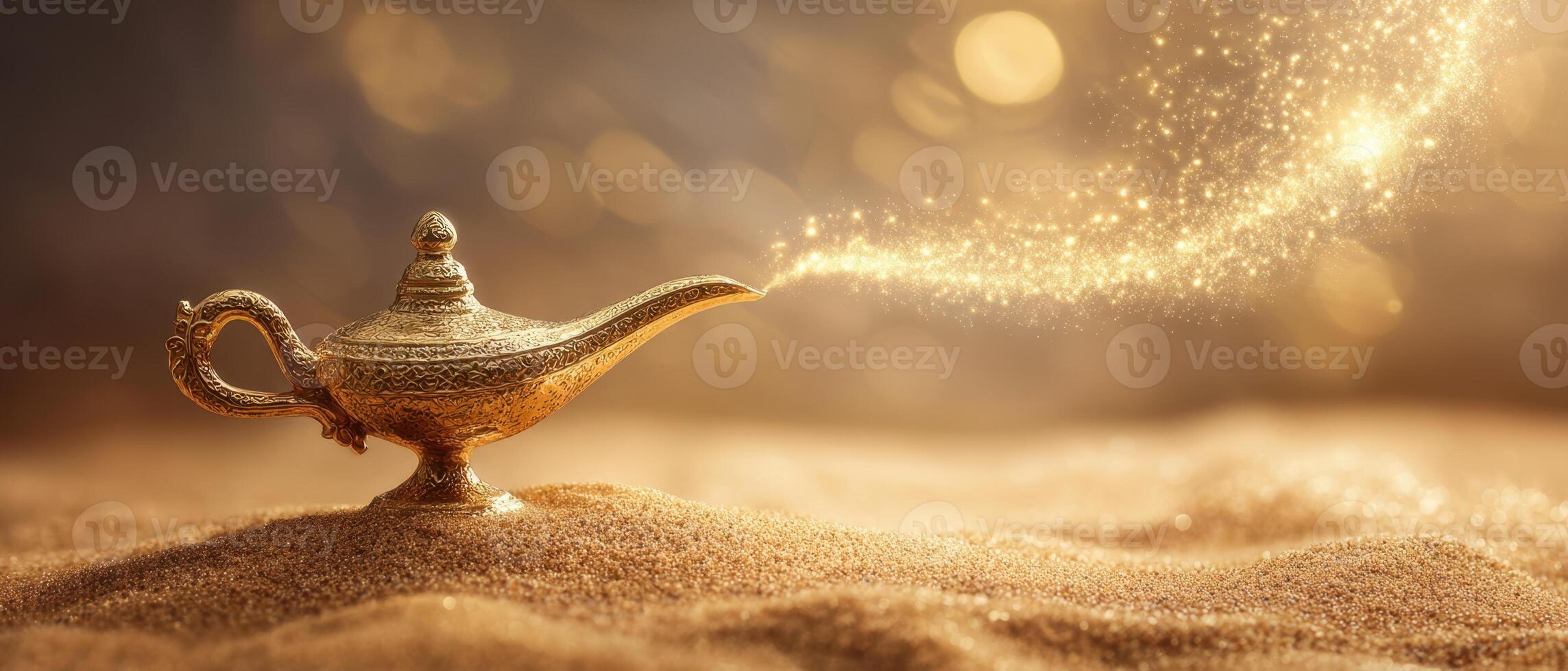 The golden lamp emitting magical sparks in a desert setting photo