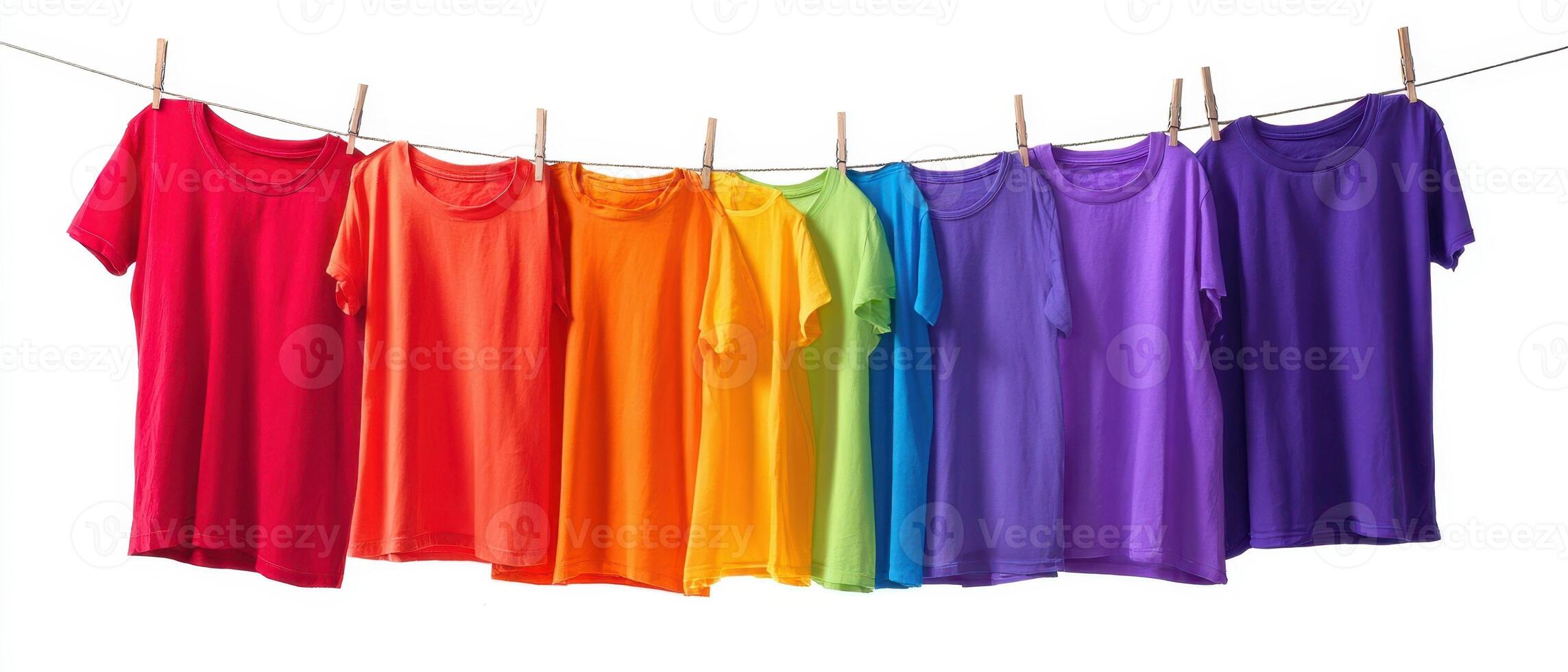 The vibrant display of colorful t-shirts hanging on a clothesline. photo