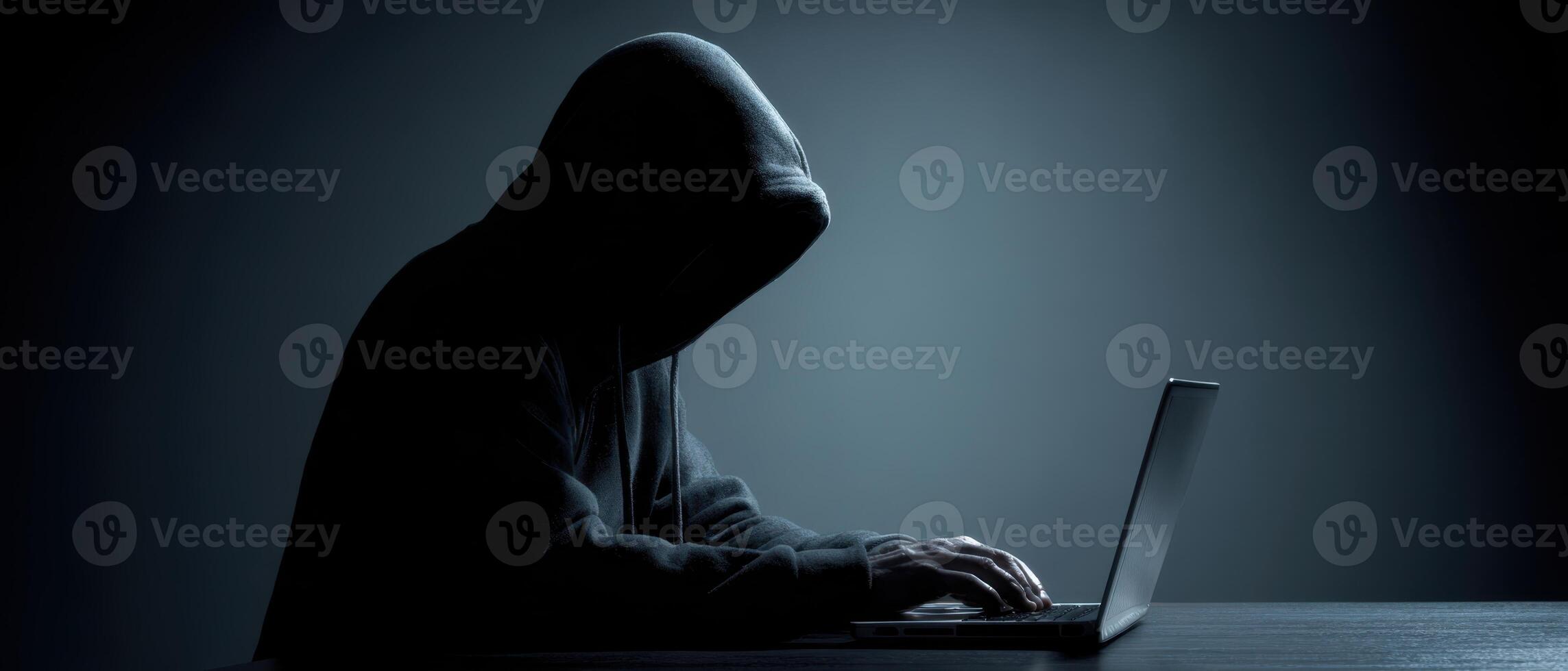 The hooded hacker focused on a laptop in a dark atmospheric setting. photo