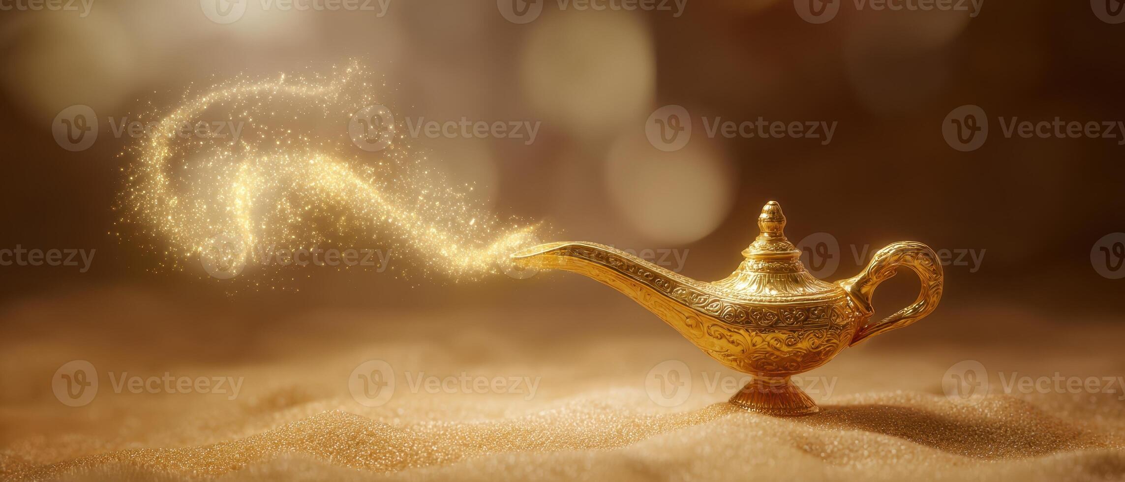 The golden lamp with magical dust swirling in a mystical landscape. photo