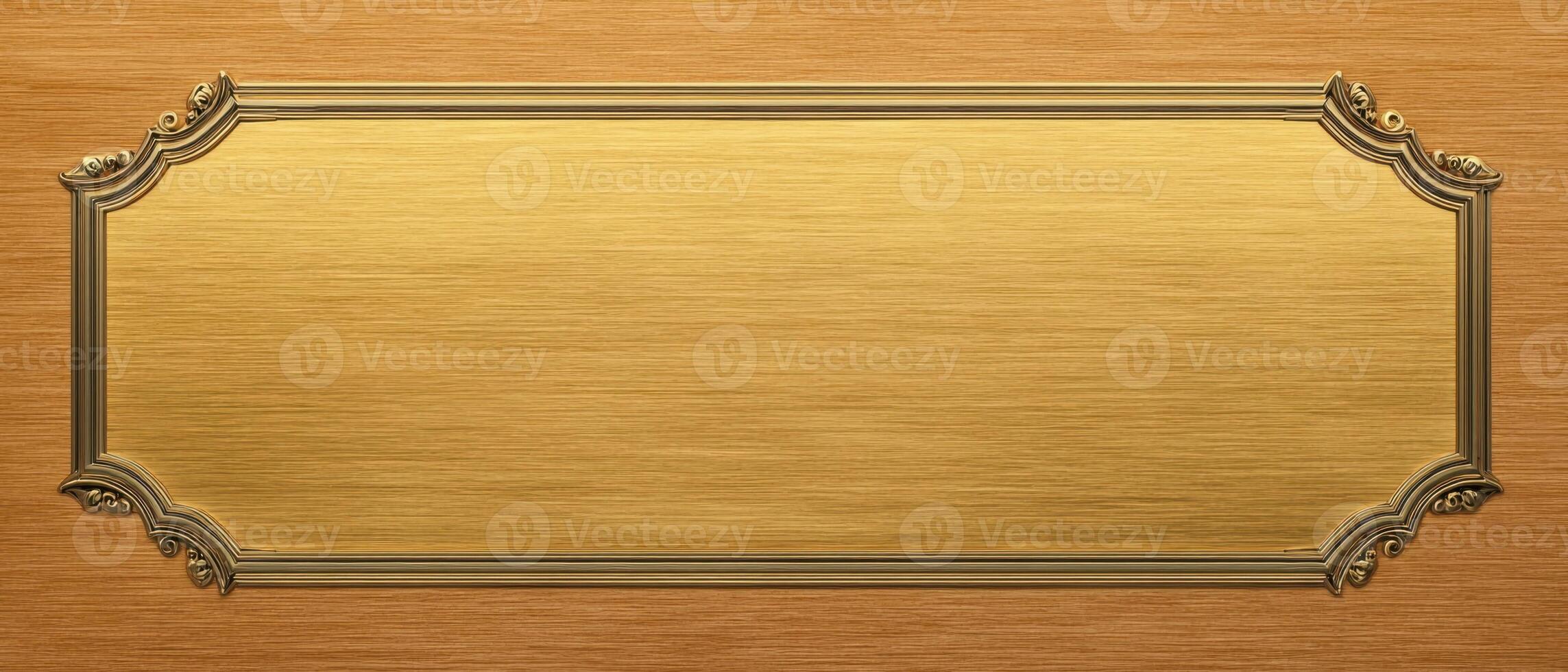 The elegant gold framed decorative plaque on a wooden background photo