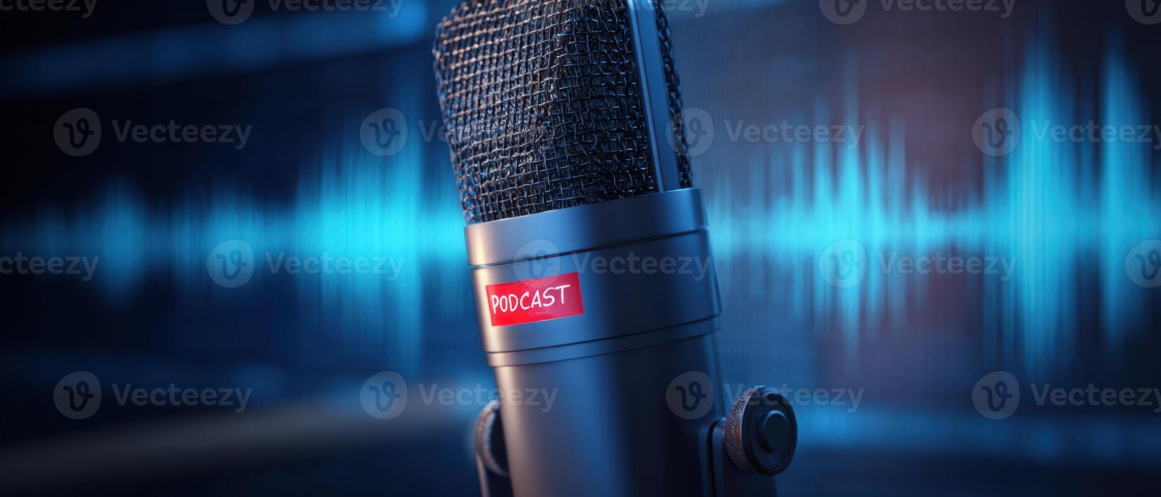 The microphone in a professional podcast studio with sound waves backdrop photo