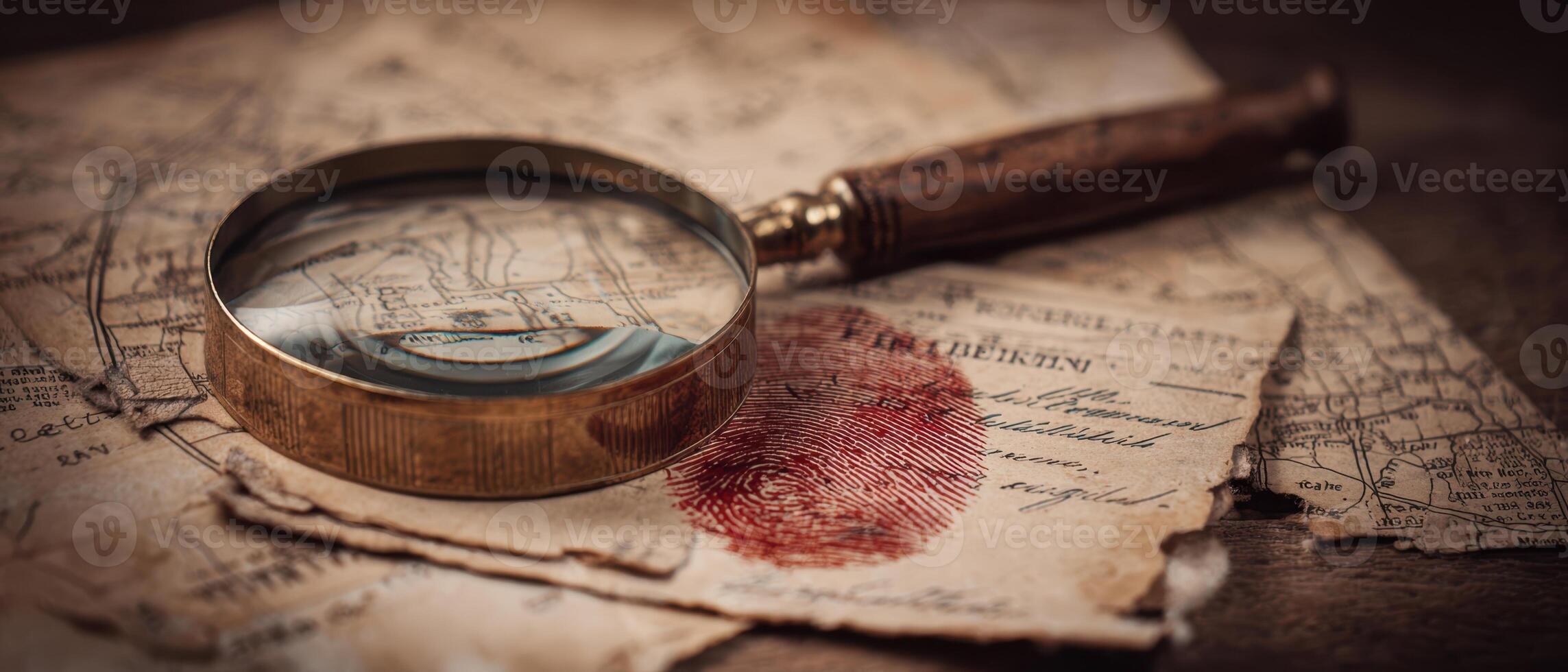 The vintage magnifying glass on old maps and a distinct fingerprint. photo