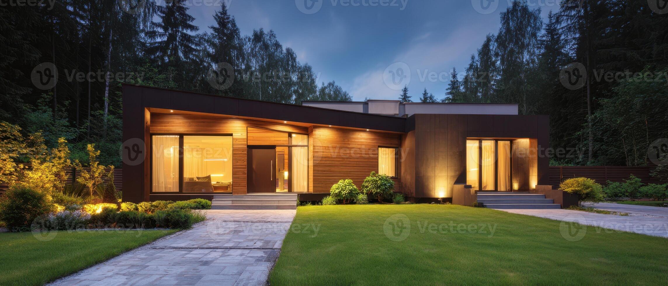 The contemporary house surrounded by lush greenery and evening illumination. photo