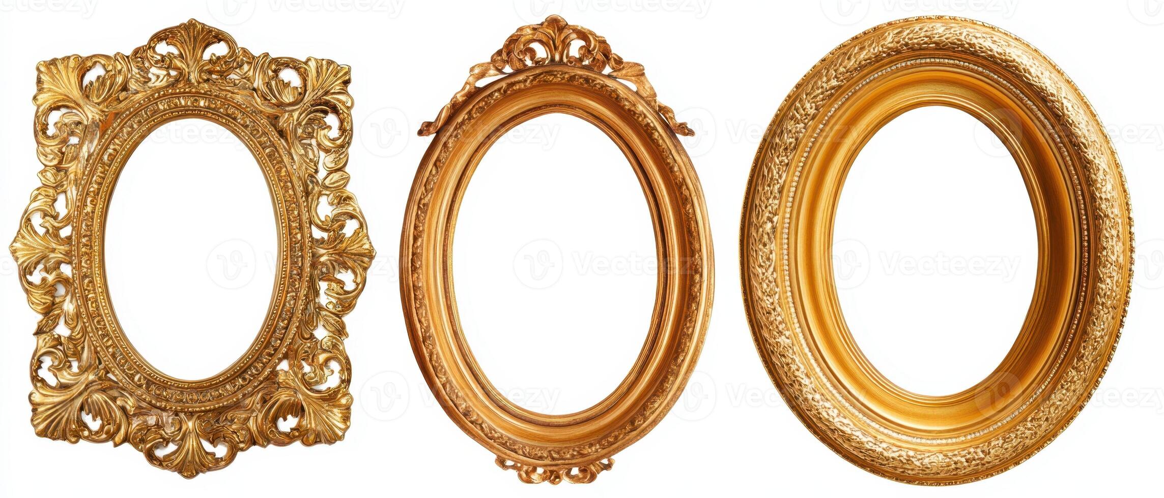 The collection of three luxurious golden picture frames on display. photo