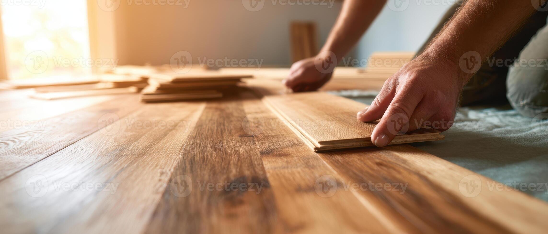 The hands of a skilled craftsman installing beautiful wooden flooring. photo