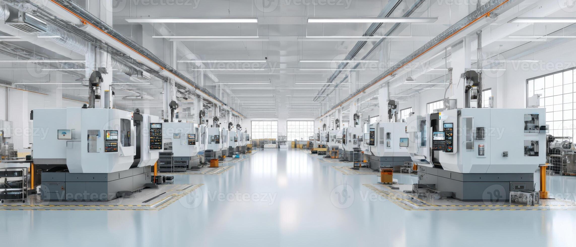 The modern industrial workshop featuring advanced CNC machines in a spacious layout. photo
