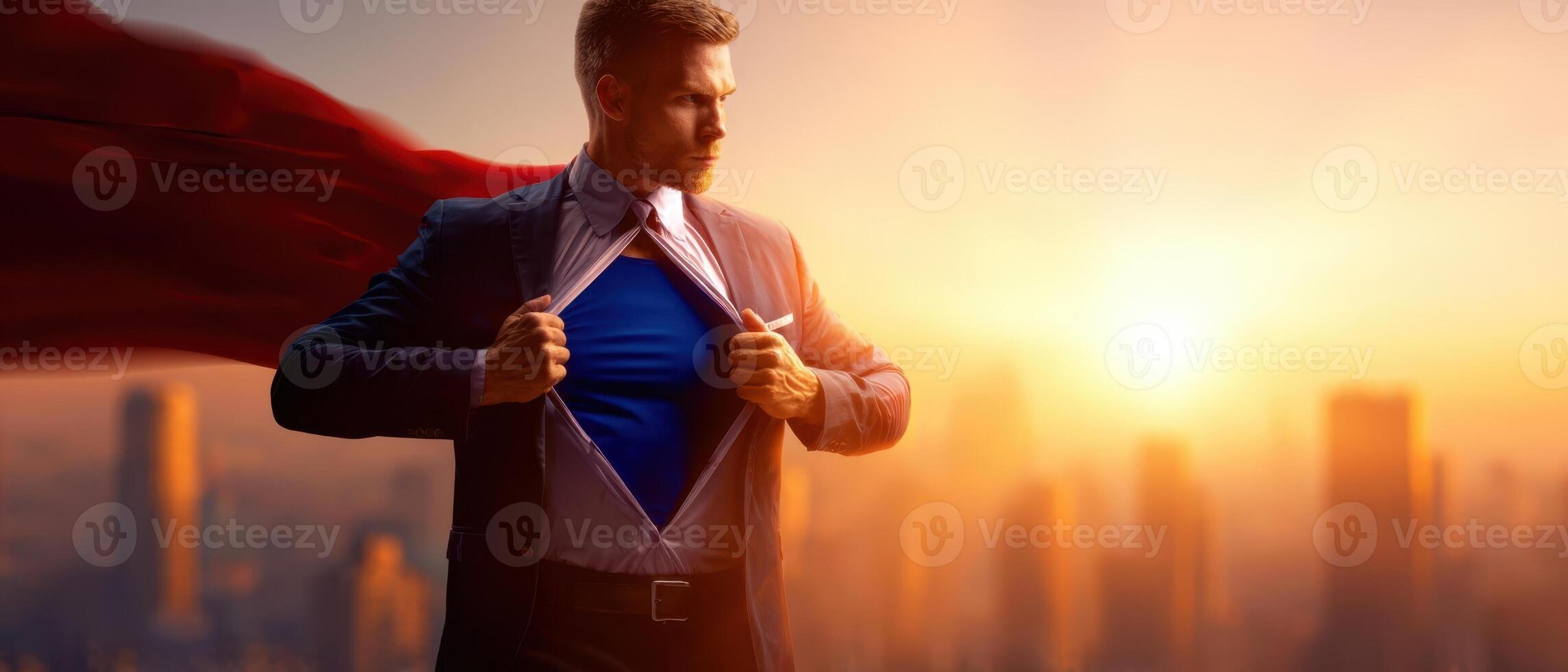 The businessman transforming into a superhero against a stunning skyline. photo