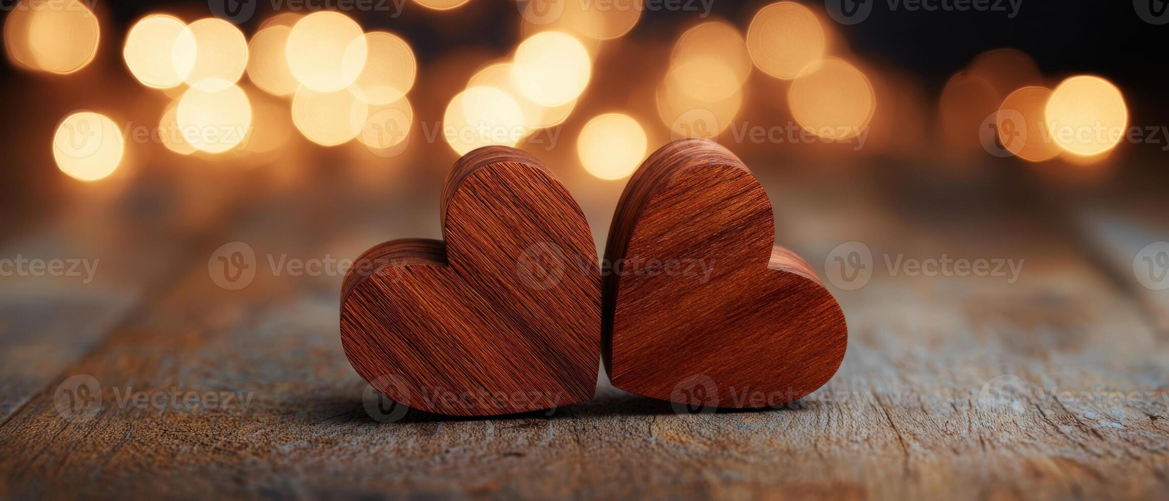 The two wooden heart decorations on a rustic wooden table with glowing bokeh. photo