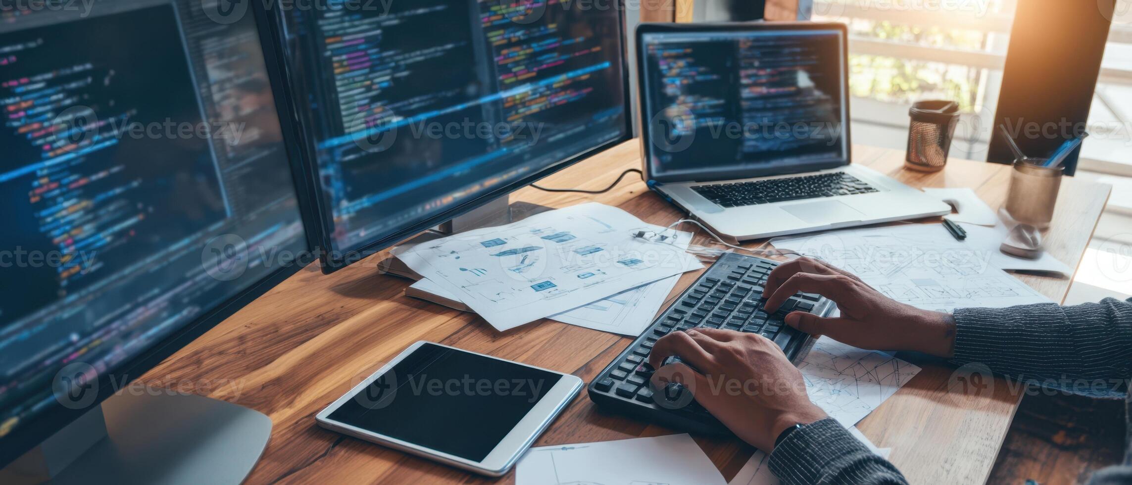 The modern workspace featuring multiple screens and coding activities. photo
