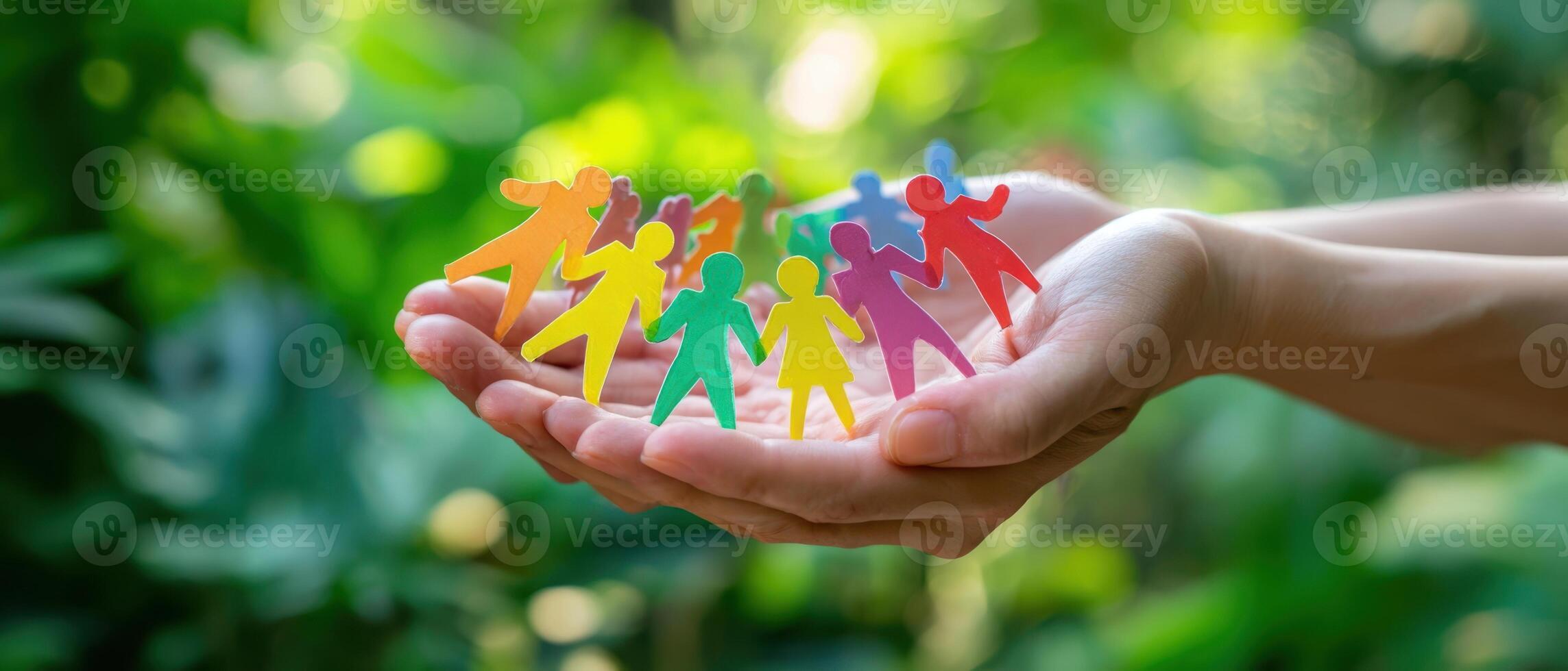 The Hands Holding Colorful Paper Figures Representing Unity and Togetherness in Nature photo