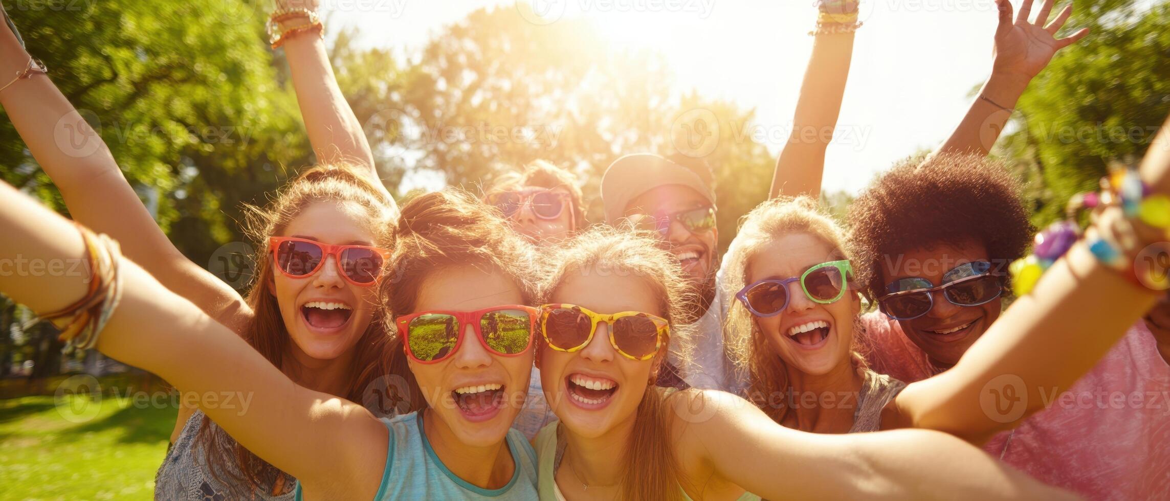 The joyful group of friends enjoying a sunny day outdoors in sunglasses. photo
