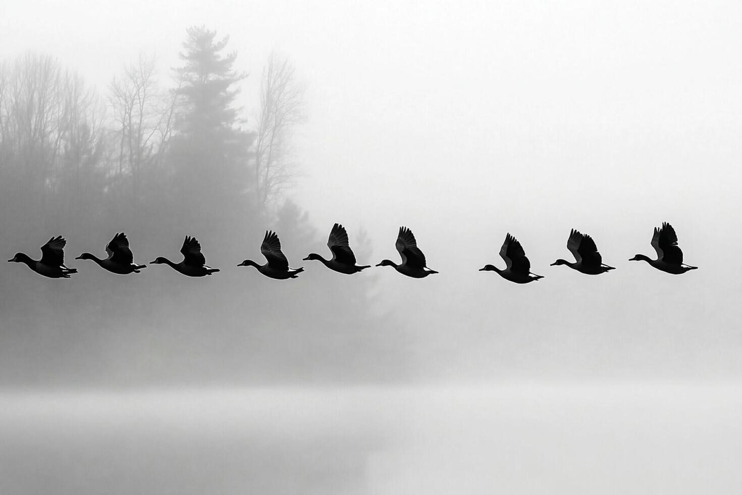 Geese flying over a lake in fog photo
