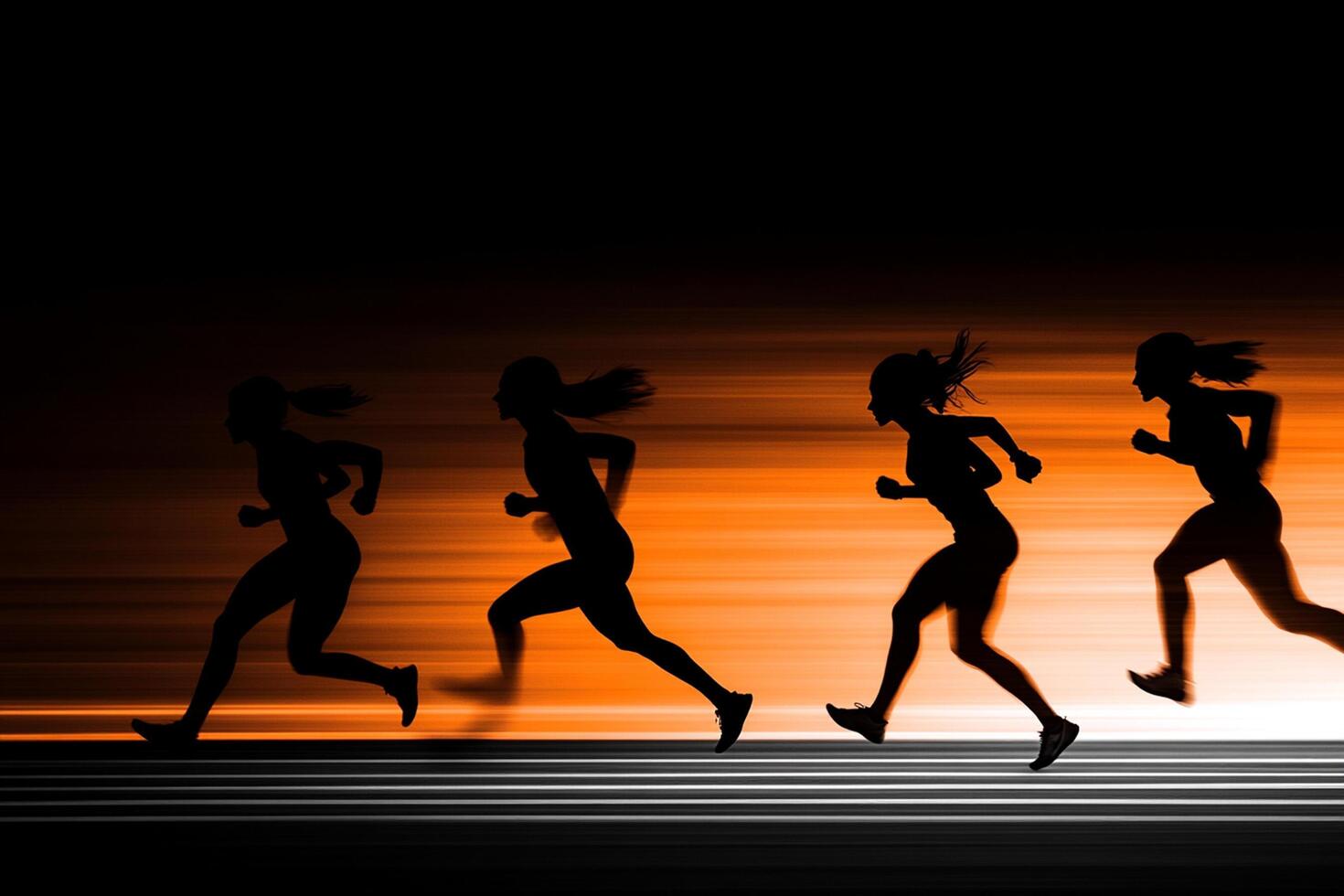 A group of women running in silhouette on an orange background photo