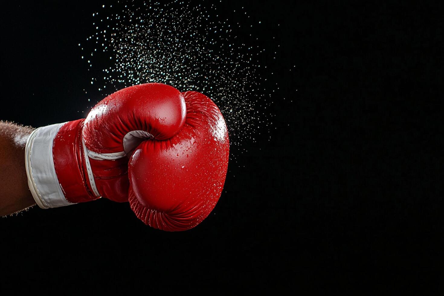 A close up of a person's hand with a red boxing glove photo