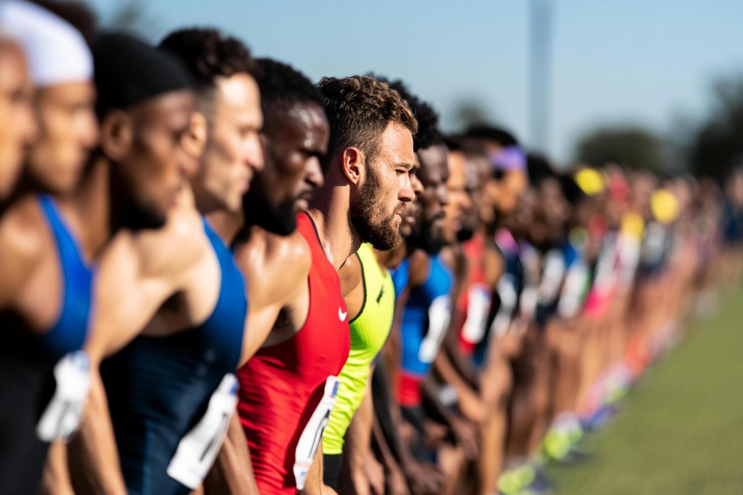 A group of men standing in line at a race photo