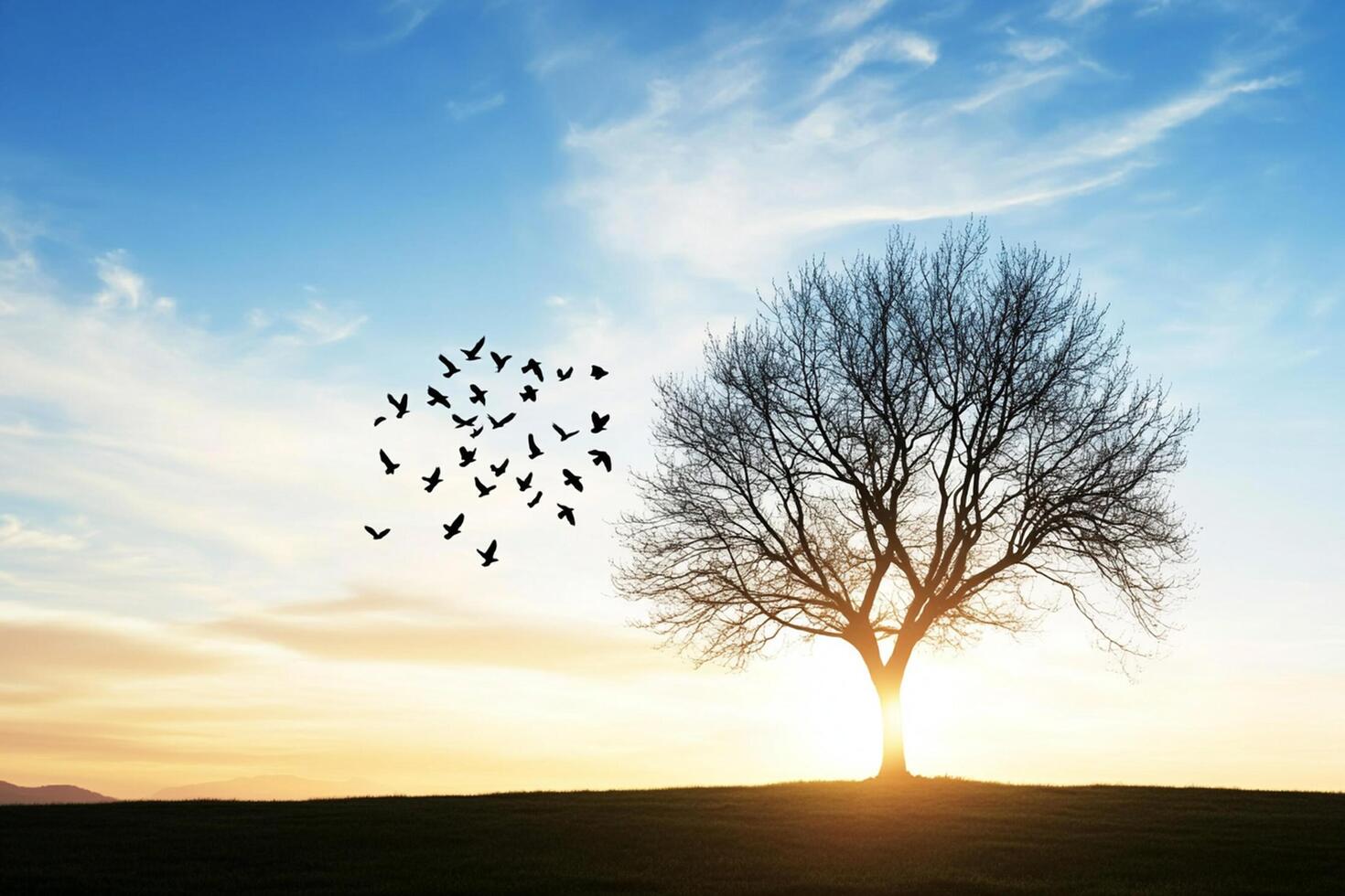 A tree with birds flying around it at sunset photo