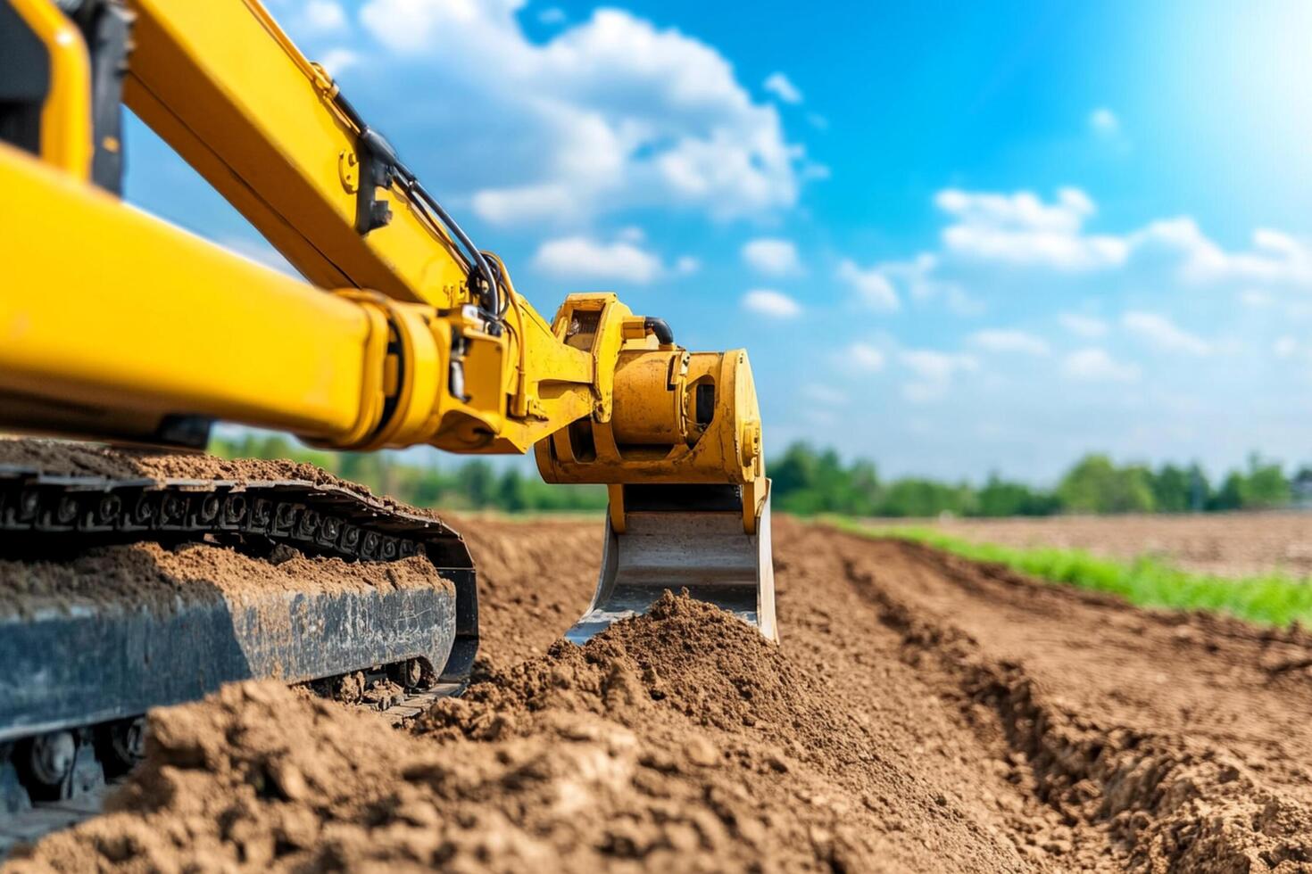 A yellow excavator digging dirt in a field photo