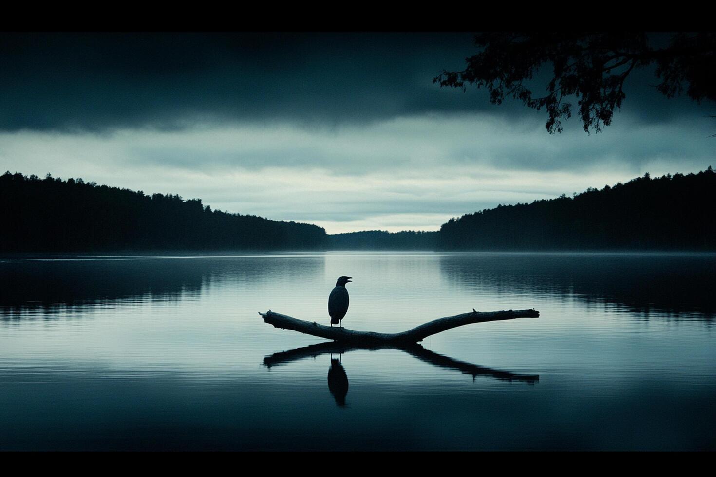 A bird is sitting on a tree branch in the middle of a lake photo