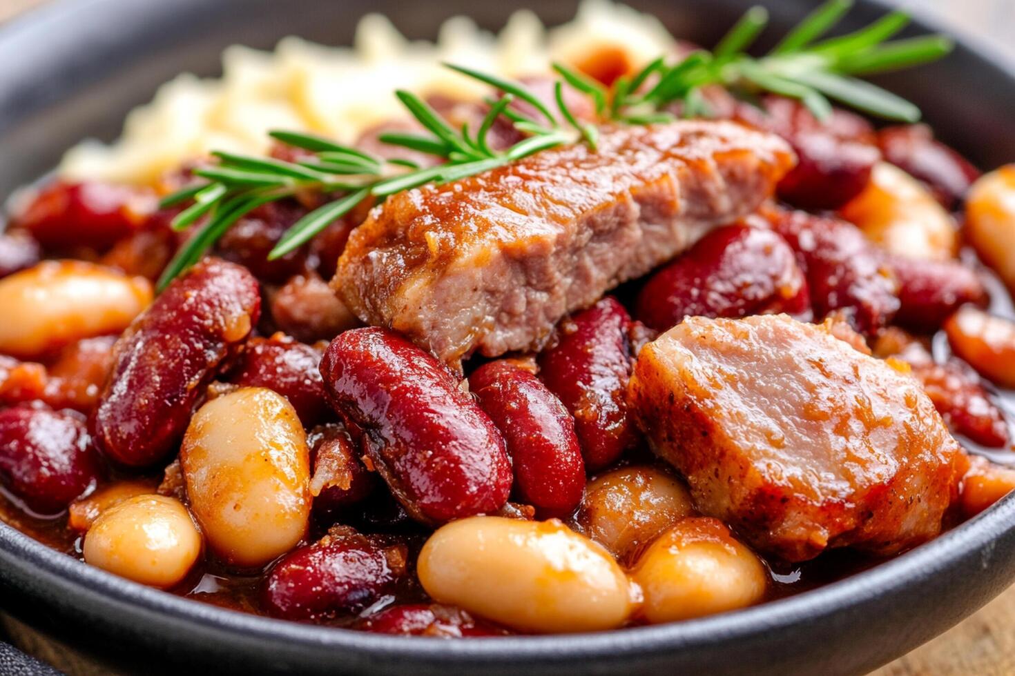 Baked beans and meat stew in a bowl photo