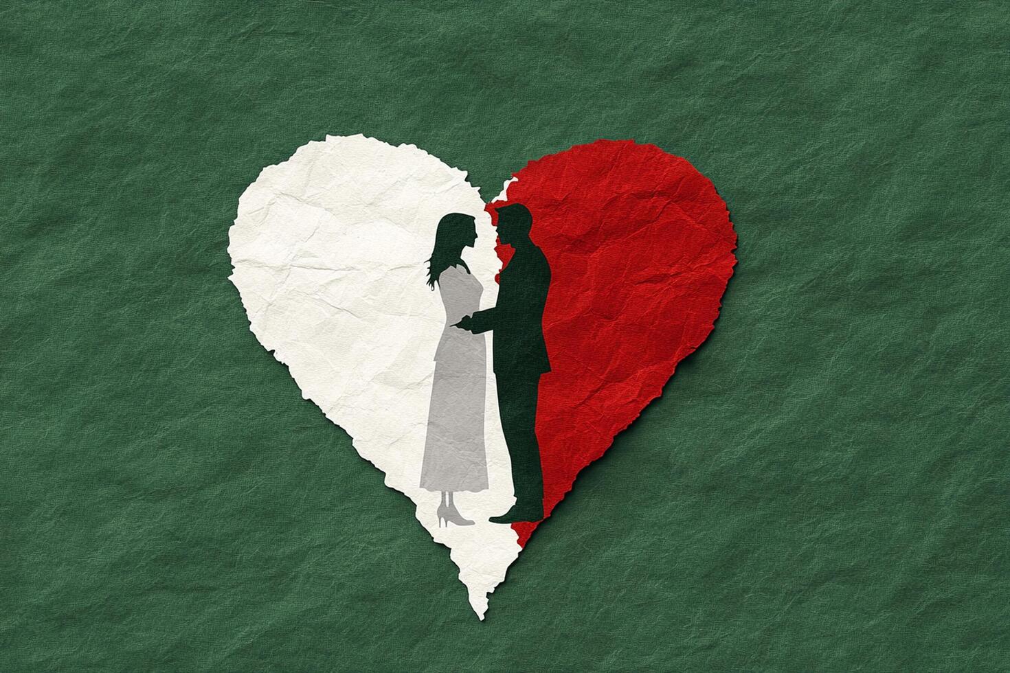 A couple is standing in front of a heart with a red heart photo