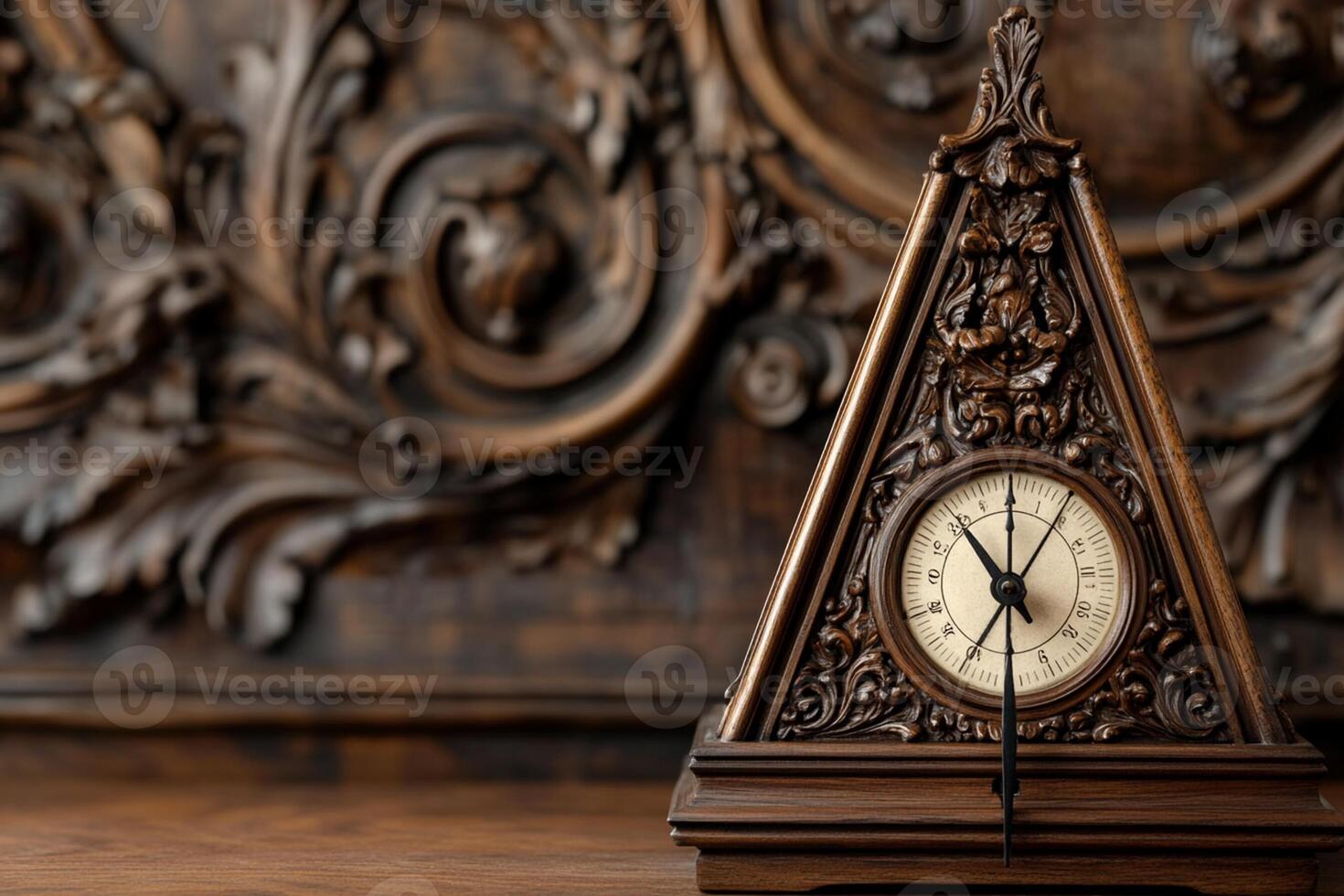 A wooden clock sitting on a table in front of a wall photo