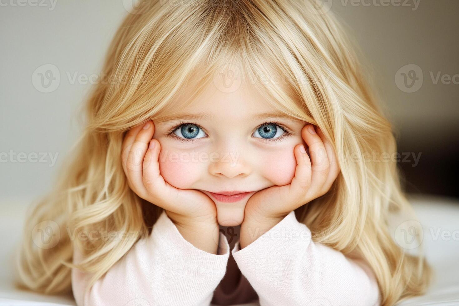 A little girl with blue eyes laying on a bed photo