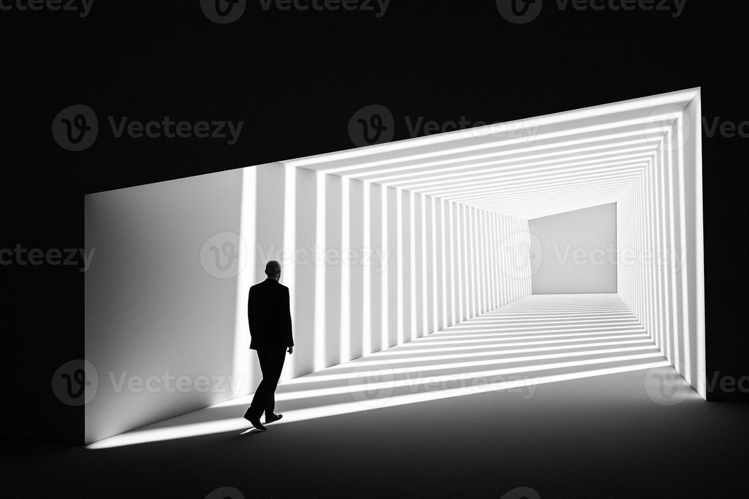 Man walking through a dark tunnel with light coming from the end photo