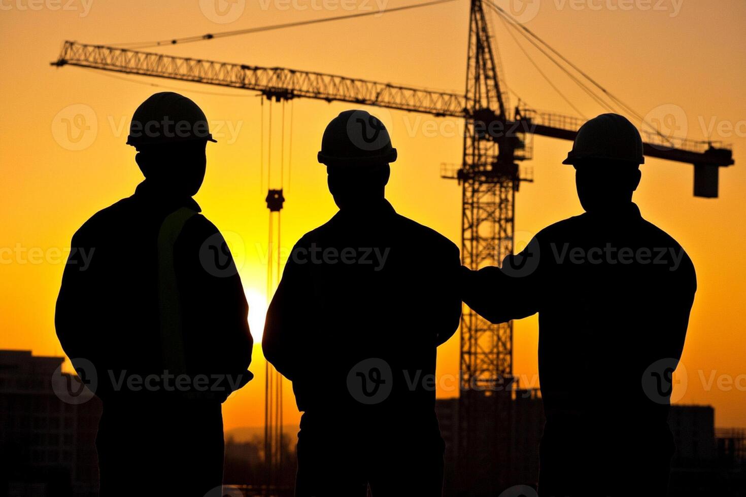 Three construction workers standing in front of a construction crane photo