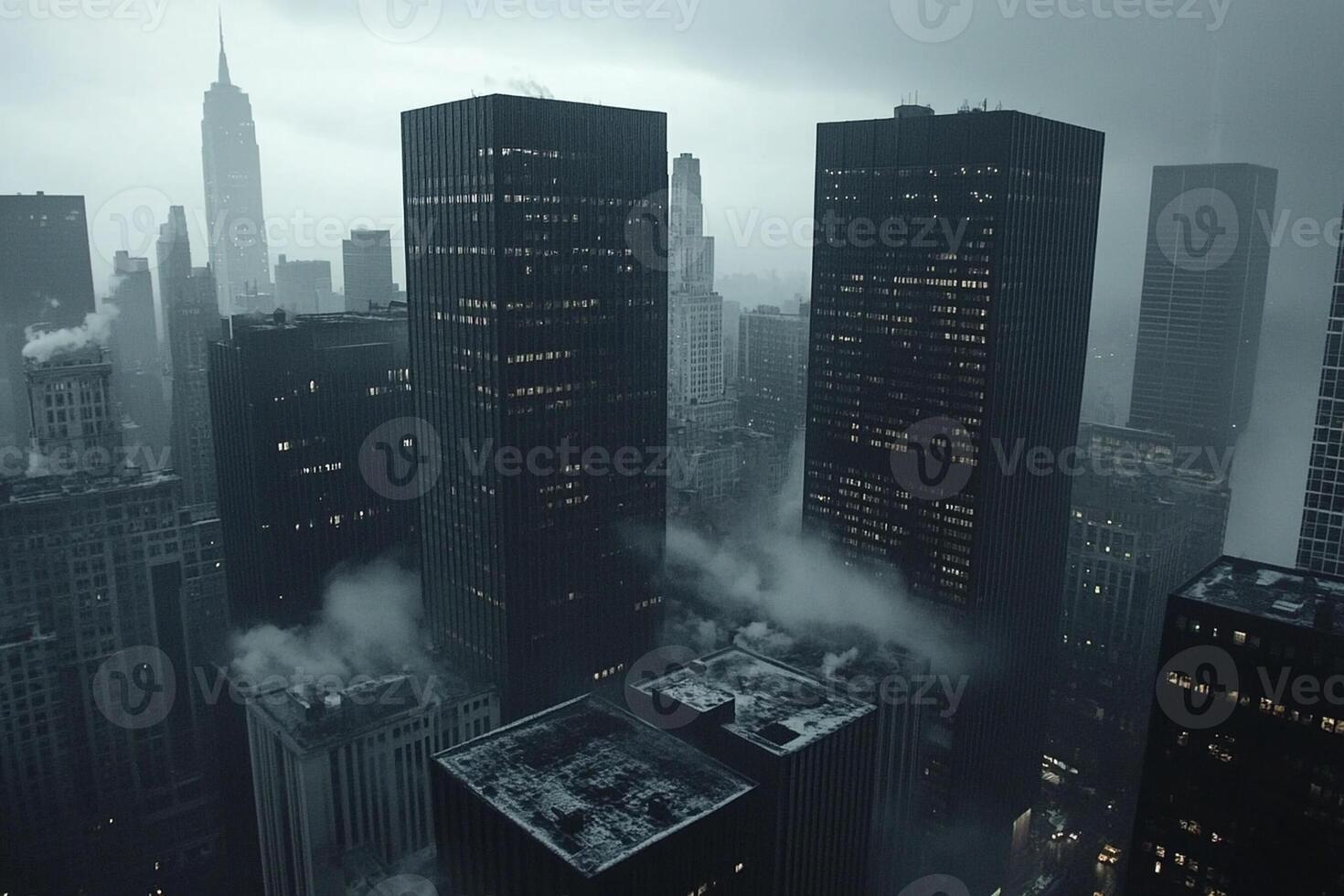 A city skyline with tall buildings and fog photo