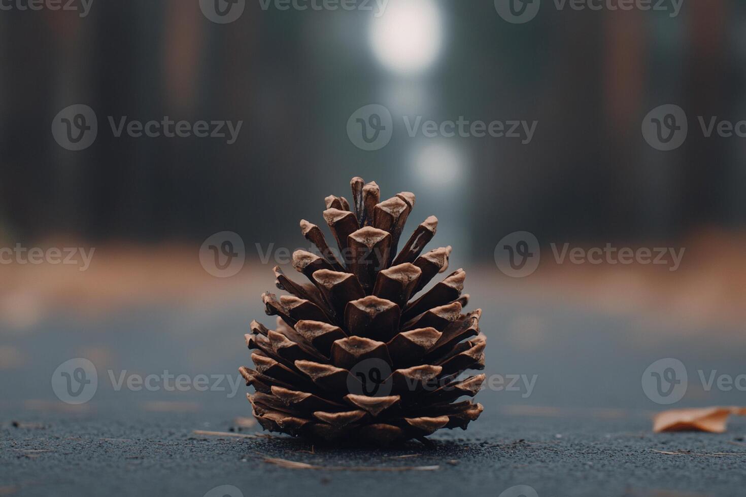 A single pine cone sitting on the ground in the middle of a forest photo